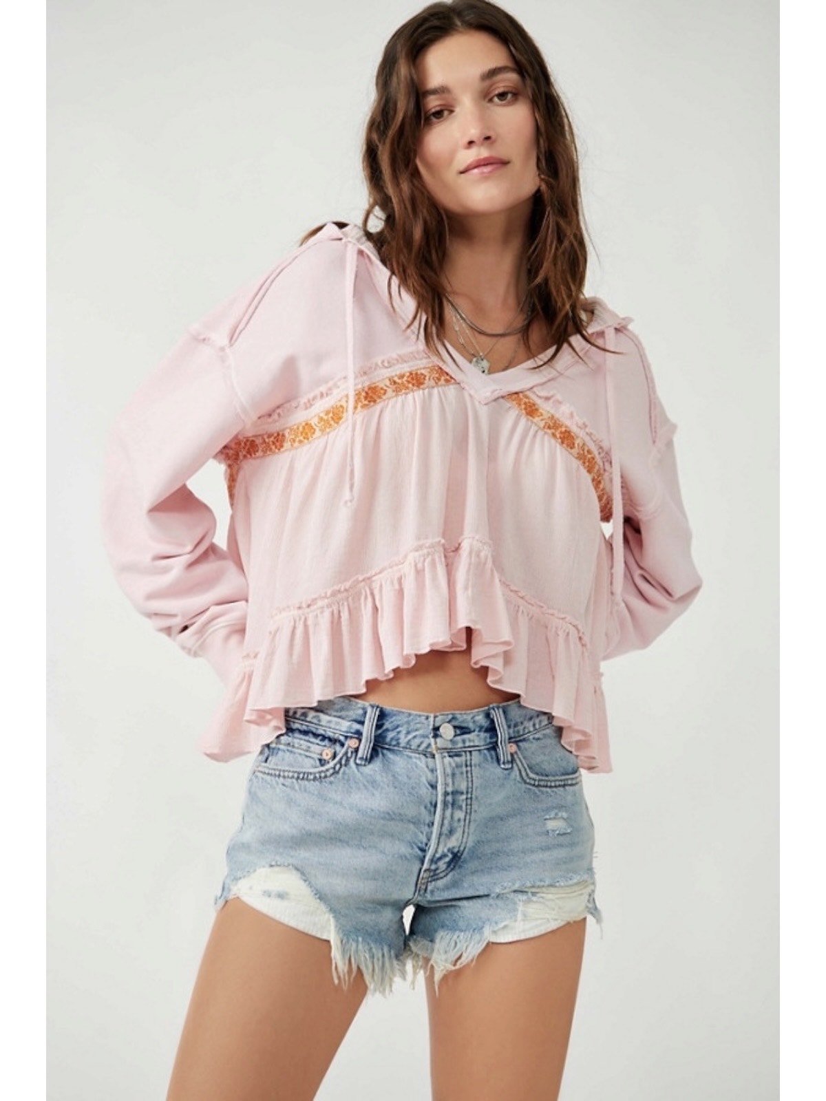 Free People Bohemian Peplum Ruffle Sweatshirt Hoodie In Pink Champagne Small
